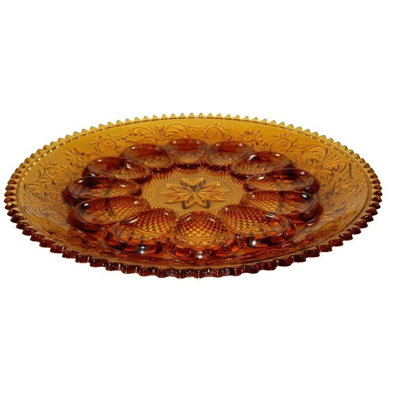 Tiara Exclusive Amber Glass Platter Relish Plate & Egg Serving Platters w/Boxes - Picture 6 of 12